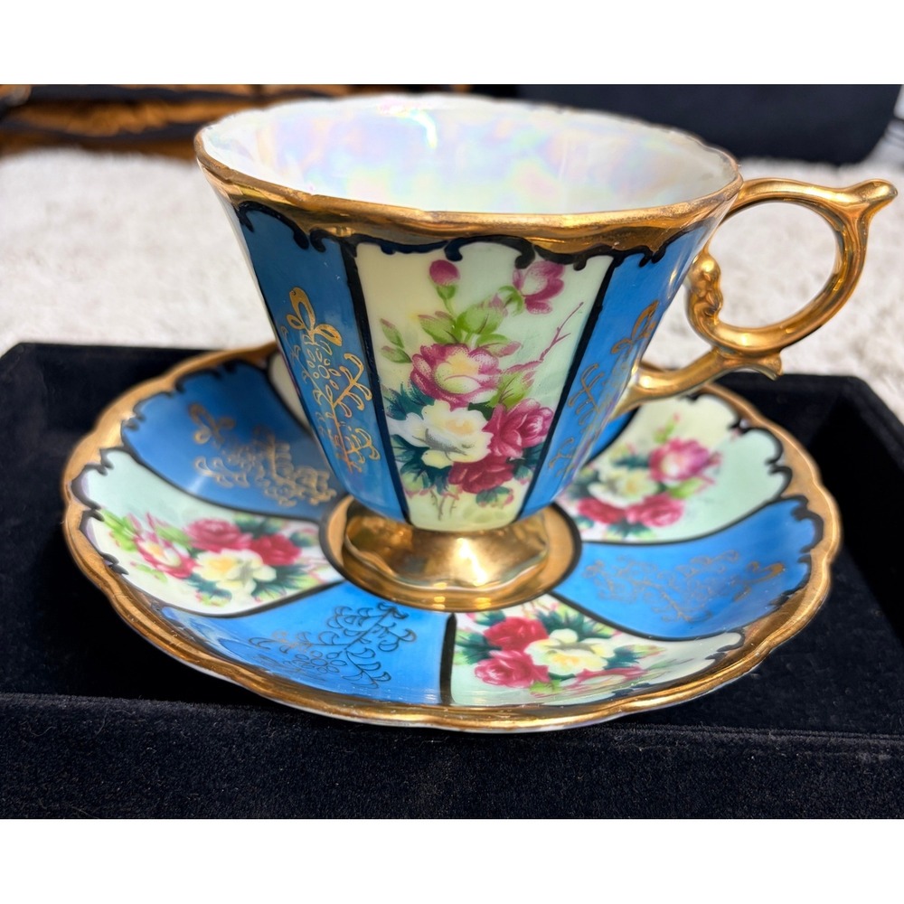 Vintage Royal Sealy Blue Teacup Saucer Set Gold Roses Mixed Floral Pedestal 50s